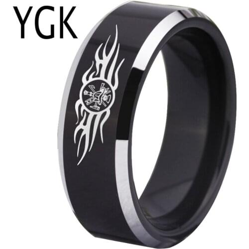 YGK Jewelry Firefighter Fireman with Flame Black Shiny Bevel Tungsten Ring Mens Wedding Engagement Anniversary Gift Ring