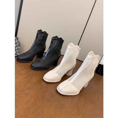 Womens shoes ankle boots spring 2021 new fashion hollow mesh breathable zipper high heels