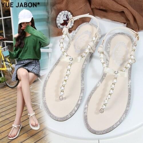 Women sandals 2018 new summer shoes flat pearl sandals comfortable string bead beach slippers casual sandals pink white black