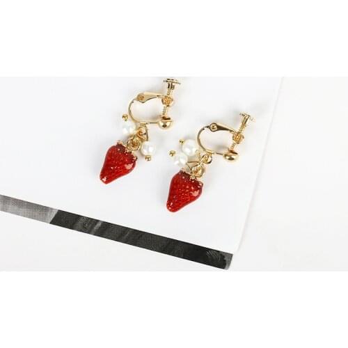JIOFREE Korea Style Strawberry shape pearl Geometric Long Clip on Earrings Without Piercing for Women No Ear Hole Earrings