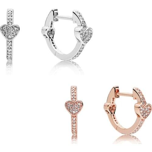 Alluring Hearts Hoop Earrings for Women Original 925 Sterling Silver Earrings Women Jewelry Clear CZ Crystal Rose Golden Earings