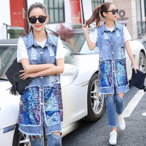 Women Spring Summer Big Size Lapel Denim Sleeveless Jacket Vest Lady Coat Sequin Paillette Hole Ripped Long Jeans Waistcoat Tops