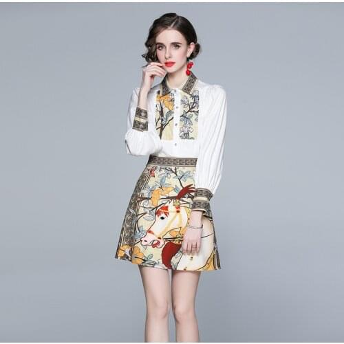 2021 Summer Autumn Womens Two Piece Dress Suits Floral Print Horses White Shirts + Short Mini Pencil Skirts Set Woman Outfits