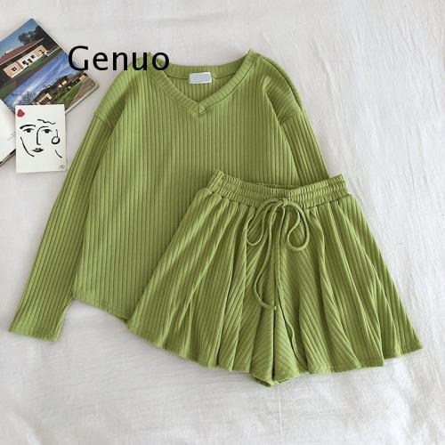 Casual Fashion 2 Pcs Women Set V Neck Long Sleeve Loose Knit Top + High Waist Hip Elastic Wide Leg Shorts Wild Suit