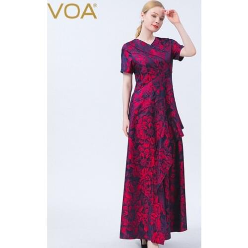 VOA Silk Yarn-dyed Jacquard Fiery Red Moire V-neck Short-sleeved One-button Print Large Swing Asymmetric Prom Dress Women AE1011