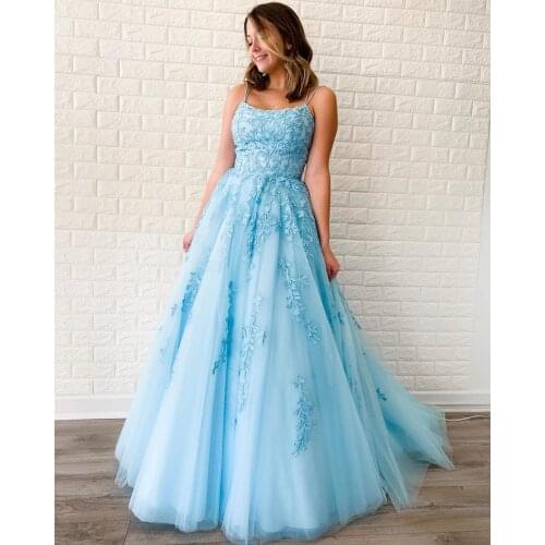 Light Blue Lace Appliques Prom Dresses Long Spaghetti Straps Lace-up Back Sleeveless Formal Evening Party Gowns Robe De Soiree