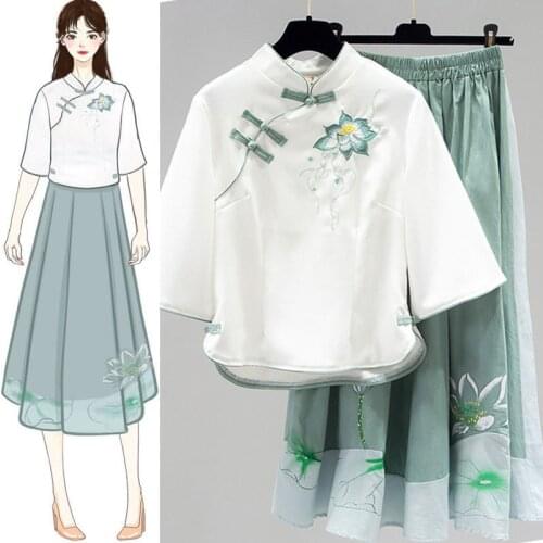 2021 Women Oversized Traditional Chinese Embroidered Dress Spring Hanfu Retro Loose V-neck Top With Skirt Cotton Set