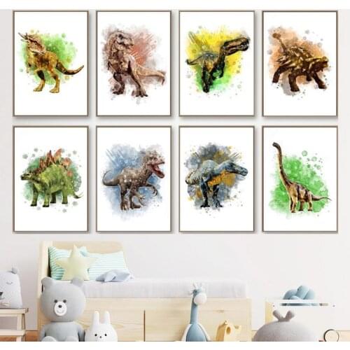 Watercolor Painting Dinosaur Triceratop Tyrannosaurus Stegosaurus Wall Art Canvas Painting Nordic Poster Nursery Kids Room Decor