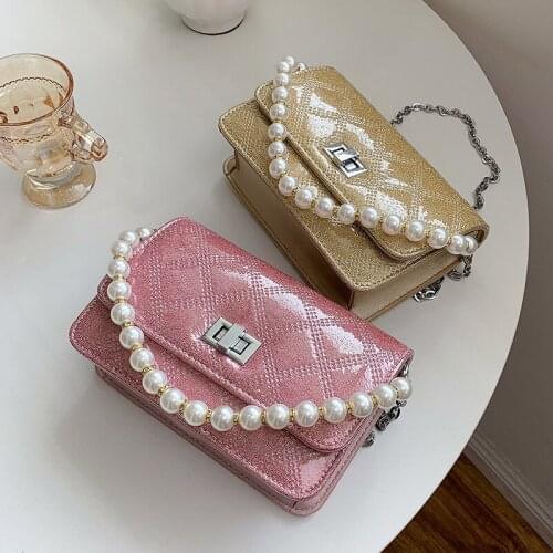 FANTASY Glossy Shiny Crossbody Shoulder Bags For Women Gold Color Luxury Handbag Ladies Pearl Chain Tote Bag 2021 Summer Newest