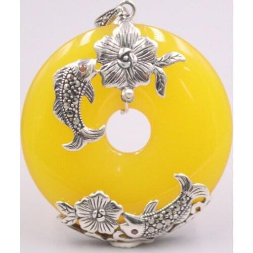 Pure 925 Sterling Silver Pendant 50x40mm Yellow Chalcedony Fishes And Flowers Pattern Charms For Woman