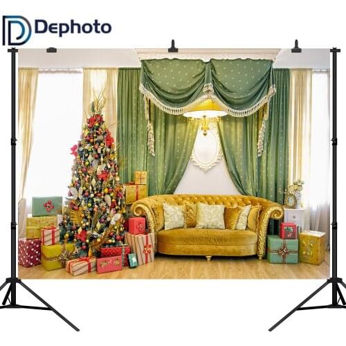 Dephoto Christmas Tree Gift Sofa Chandelier Curtain Photography Background Customized Photographic Backdrops For Photo Studio