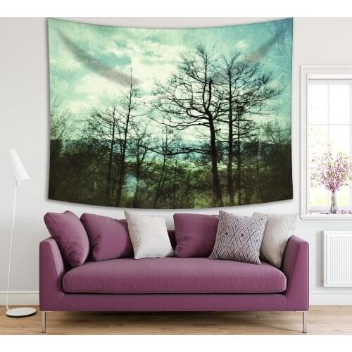 Tapestry Mystic Forest Trees Cloudy Sky Springtime Landscape Peaceful Morning Nature Scenery Teal Green Photo Printed