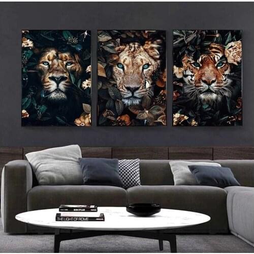 Flower Animal Art Lion Tiger Jaguar Canvas Painting Wall Art Posters and Prints Wall Pictures for Living Room Home Cuadros Decor