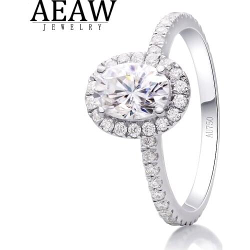 AEAW Oval Cut 1.00 Carat 5x7mm DF Color Moissanite Diamond Engagement Halo Ring Solid Real 18K White Gold Fine Jewelry for Women