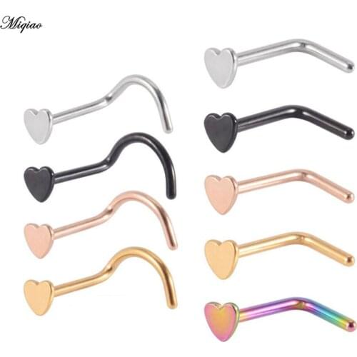 Miqiao 1pc Stainless Steel Nose Stud Heart 3mm Nose Piercings L Shape Nose Rings Piercing Jewelry 20g