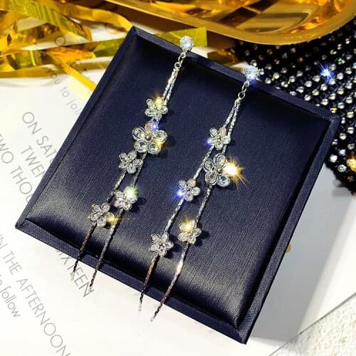 Korea hot fashion jewelry luxury flower crystal zircon earrings long tassels slim earrings for women gift