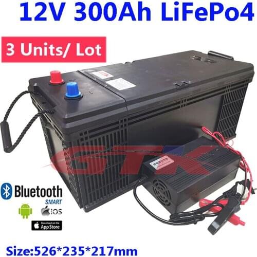3 Units/Lot LiFePo4 12V 300Ah lithium battery built-in BMS for motor homes/solar panels/ +20A charger