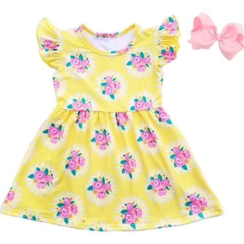 New Arrived Baby Girls Dress Pink Floral Pearl Yellow Dress flutter Sleeve Milk Silk Kids Boutique Clothing Match Clip Bow