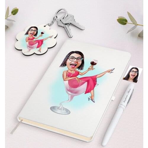 Personalized Women 'S Caricature Of White Notebook pen And Keychain Gift Seti-22 Reliable Quality Gift Casual Design moment