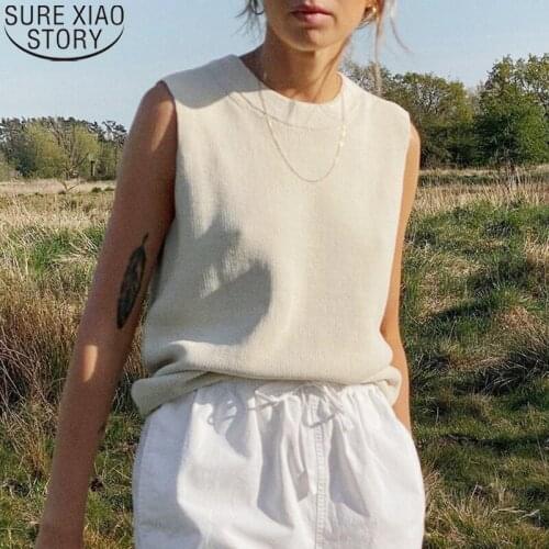 Casual Ice Silk Knitted Shirt Vest Women Sleeveless Tank Tops Fashion Temperament 2021 Summer Beige Loose Clothes Blusas 14808