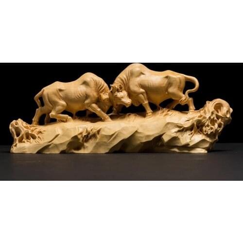 Boxwood Carving Home Decoration Office Feng Shui House Solid Wood Statue Bull Sculpture Home Decor