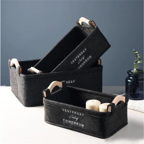 Nordic Felt Fabric Desk Basket Creative Hand-made Wood Handles Simple Home Storage Baskets Multifunction Cosmetics Organizer