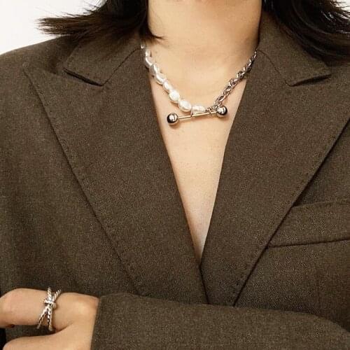 SRCOI Vintage Half Chain Half Pearl Short Necklace Geometric Flat Oval Linked Chain Choker Necklace Collar For Women Jewelry