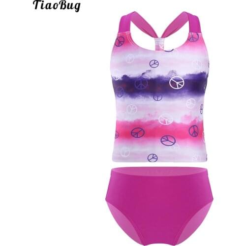 TiaoBug Summer 2Pcs Kids Girls Swimwear Swimsuit Racer Back Gradient Color Print Tops And Briefs Beach Pool Bathing Bikini Sets