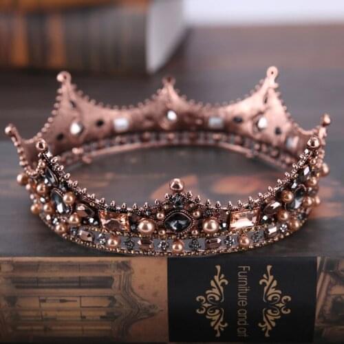 Vintage Pearl Crystal Crown and Tiara Wedding Hair Accessories Queen Crown Diadem Round Tiara Headpiece Pirncess