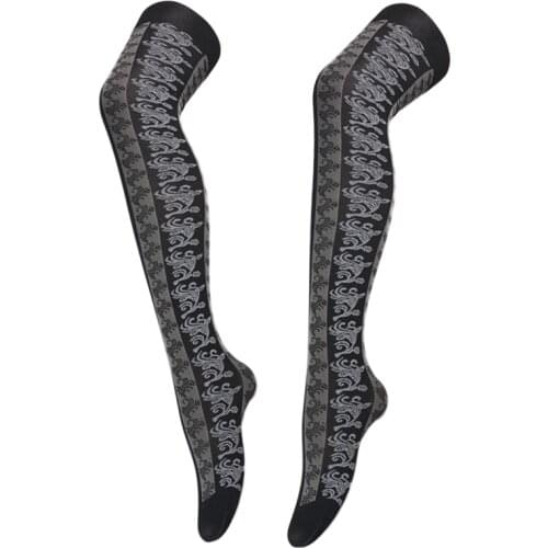 Vintage Print Stockings For Women Summer Black Long Socks Breathable Thin Elasticity Women Tight High Stockings