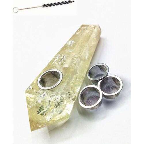 High quality Natural citrine crystal quartz point smoking pipe with 3metal mesh and 1 cleaning brush for tobacc healing