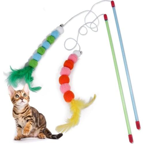 Funny Cat Toy Fishing Rod Kitten Cat Pet Toy Stick Teaser Rainbow Streamer Interactive Cat Play Wand With Feather Toys For Cats