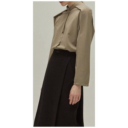 Women Shirt 2020 Fall New Laminated Shoulder Sleeve Design Small Stand Collar Shirt Womens Single-breasted Cardigan