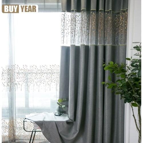 American Luxury Thick Cotton Linen Grey Curtains Embroidered Tulle Stitching Curtains for Living Room Bedroom