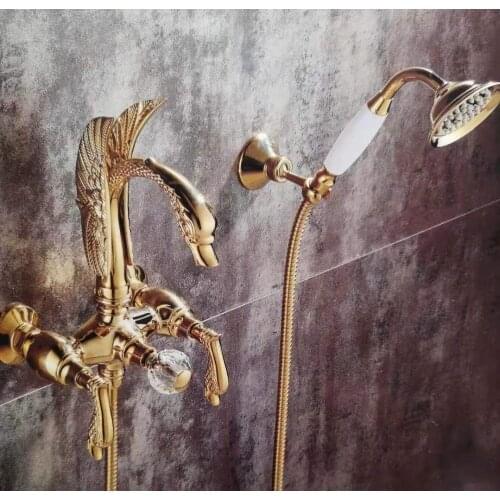 FREE SHIP wall mounted Golden finish SWAN Bath shower Bathtub Faucet WITH Hand Shower swan handles Luxury tap