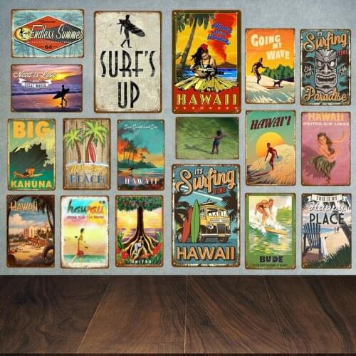 Hawaii Poster Surfs Up Welcome To The Beach Metal Tin Signs Vintage Art Wall Decoration Cafe Bar Outdoor Decor Ocean Plaque