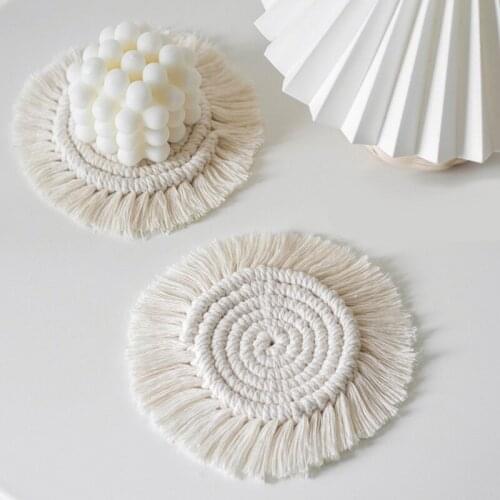 2PCS Round Cotton Braid Coaster Tassel Placemat Handmade Macrame Cup Cushion Bohemia Style Non-slip Cup Mat Coffee Pad