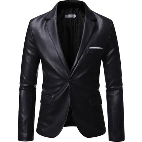 Men Black Blazer PU Leather Spring Autumn Casual Suit Jacket Slim Fit Business Work Daily Life Stage Single Breasted One Button