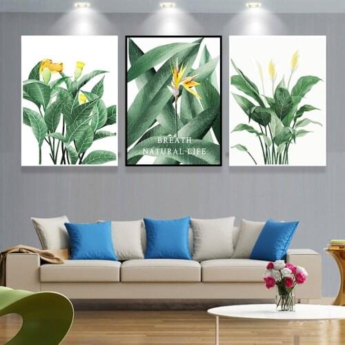 Nordic Posters Prints Green Leaf Yellow Flower Canvas Paintings Plant Wall Art Pictures for Living Room Home Decor