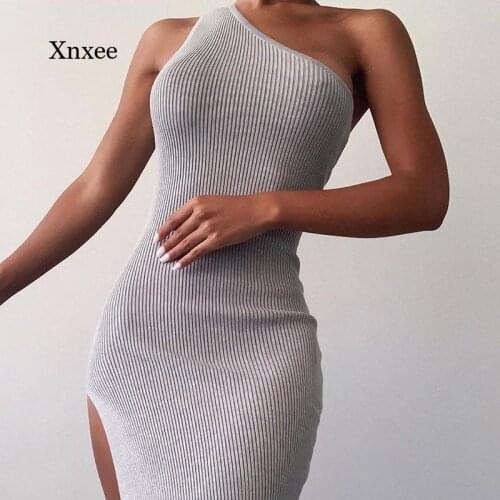 Summer Womens One-Shoulder Elegant Split Mid-Length Dress Sleeveless One-Shoulder Knitted Solid Color Dress Ladies Club Party