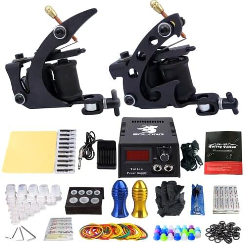 Complete Tattoo Machine Kit Set Coils Guns Sets Power Tattoo Beginner Grips Tattoo Kits Permanent Makeup Machine Tattoo Gun
