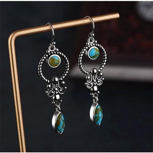 Silver atmosphere exquisite personality retro Thai silver earrings female inlaid turquoise ethnic style 2021 trend jewelry