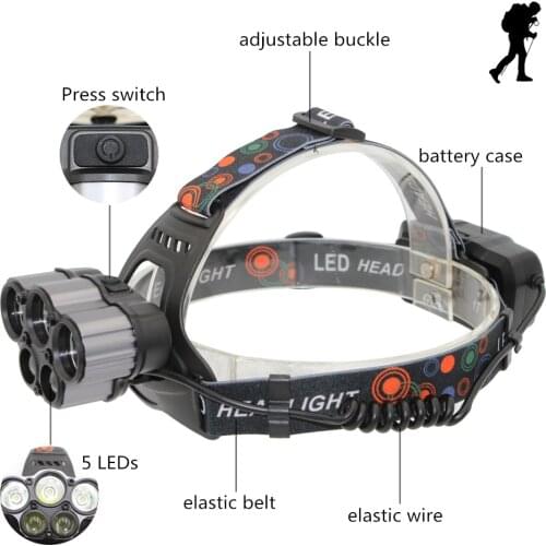 LED Headlamp 5*XM-L T6 Q5 Headlight 15000 lumens LED Headlamp Fishing Outdoor Camp Hike Emergency Light