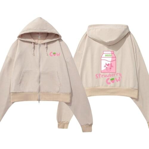 Strawberry Milk Sweatshirt Cow Graphic Hoodie Oversized Harajuku Cotton Hip Hop Streetwear Goth Aesthetic Zipper Ladies Hoodies