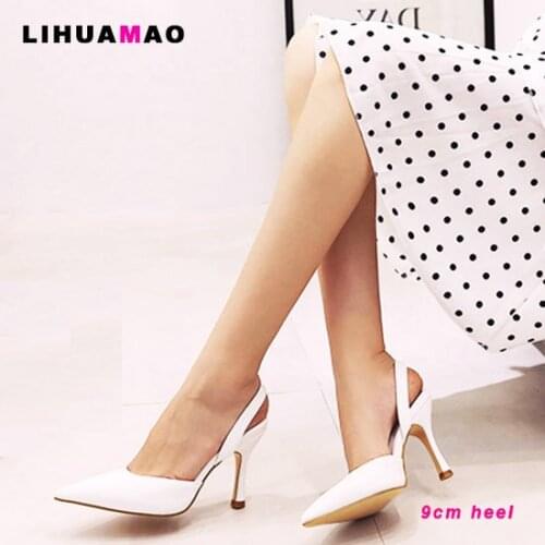 LIHUAMAO White high heel shoes for women slingback pumps ankle strap pointed toe slip on office ladies stilettos shoes wedding