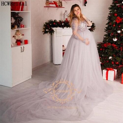 Grey Sliver Long Sleeves Evening Formal Dress Plus Size A Line Long Train Beaded Lace Tulle Pregnant Women Maternity Dresses