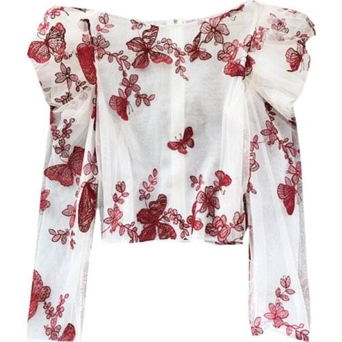 PERHAPS U Women Long Sleeve Puff Sleeve Embroidery Butterfly O Neck Red Black Solid Beige Blouse See Through Transparent B0450