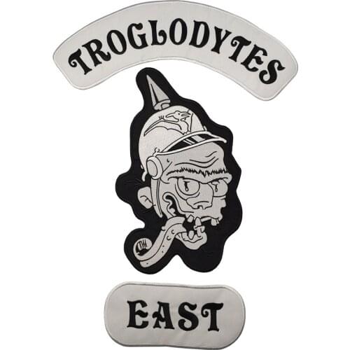 Troglodytes East Skull Embroidery Patches Grey Soider Skull Big Back Patch MC Biker Rider Cool Badges for Jacket Vest Free Ship