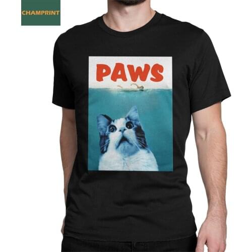 Fun PAWS Cat Lover T-Shirt Men O Neck Pure Cotton T Shirt Jaws Short Sleeve Tee Shirt Unique Clothing