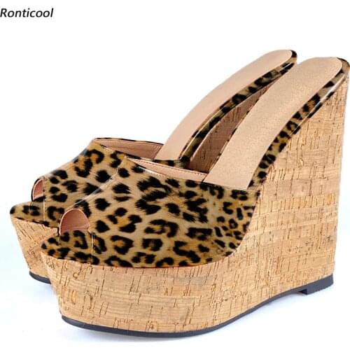 Ronticool Handmade Women Mules Shiny Sandals Sexy Leopard Wedges Heel Open Toe Brown Blue Grey Party Shoes Women Plus Size 35-52
